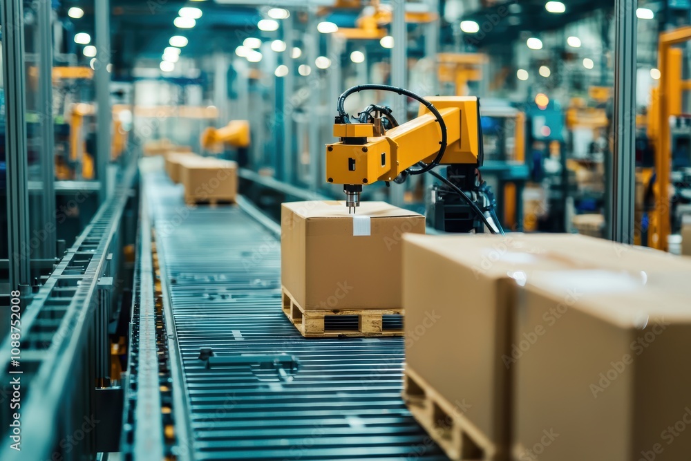 Naklejka premium Automated Robotic Arm Selecting Packages on Conveyor Belt in Modern Warehouse Environment with Advanced Technology and Efficient Logistics Operations