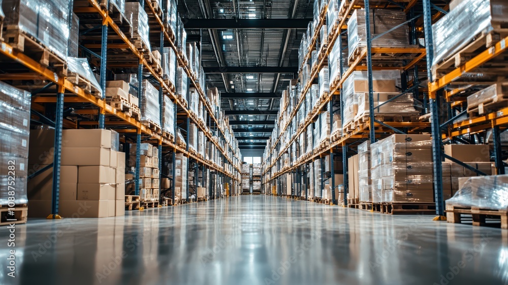 Vast Warehouse Interior with Tall Shelving Units Stacked with Boxes and Pallets in Modern Storage Facility, Ideal for Logistics and Supply Chain Themes Vast Warehouse Interior with Tall Shelving Units Stacked with Boxes and Pallets in Modern Storage Facility, Ideal for Logistics and Supply Chain Themes