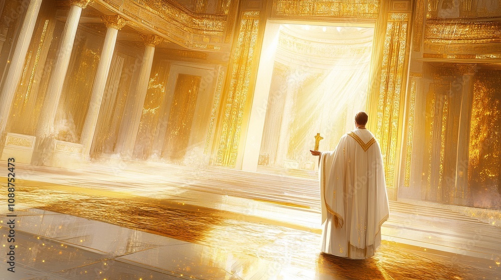 A man in a white robe stands in a golden room with a golden cross on his chest A man in a white robe stands in a golden room with a golden cross on his chest