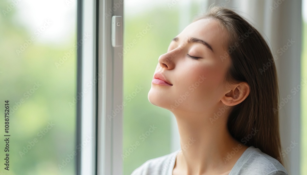 Peaceful woman relaxing by window with closed eyes in serene natural light Peaceful woman relaxing by window with closed eyes in serene natural light