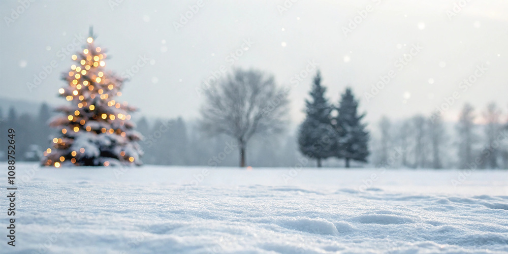 Fototapeta premium Empty white snow with blur Christmas tree
