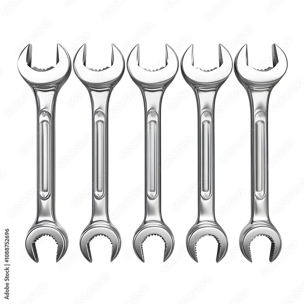 Set of six silver wrenches arranged neatly, perfect for tools, mechanics, and DIY projects. Set of six silver wrenches arranged neatly, perfect for tools, mechanics, and DIY projects.