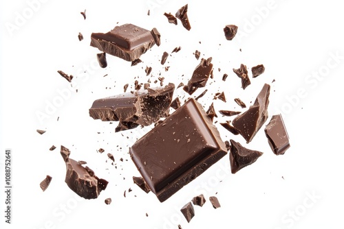 Wafers of chocolate falling with flakes of chocolate flake in the air, peanut crispy snack, dessert sweet concept, dark chocolate bar.