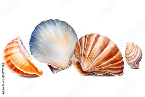 Watercolor seashells set isolated. Collection realistic sea shell for design., Generative AI