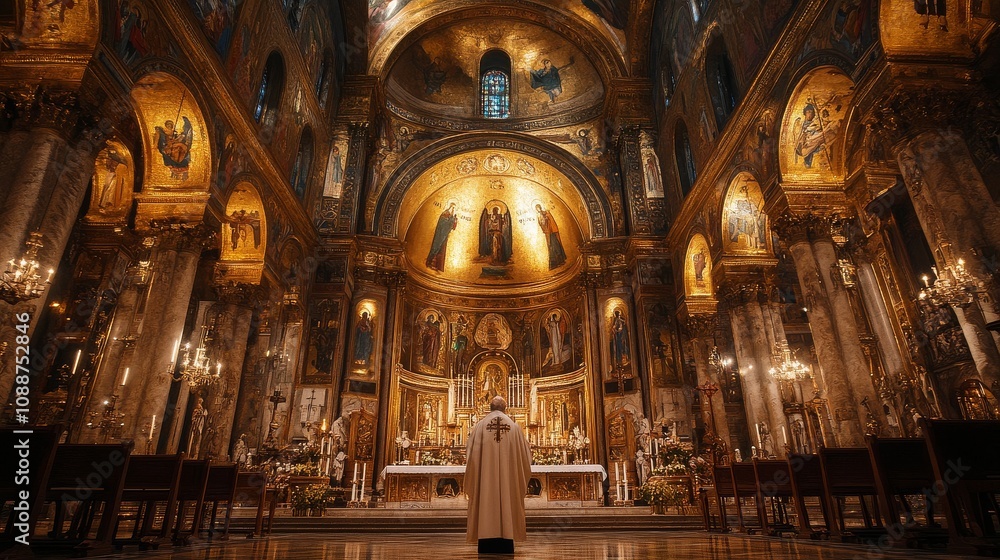 A large church with gold decorations and a priest standing in front of the altar A large church with gold decorations and a priest standing in front of the altar