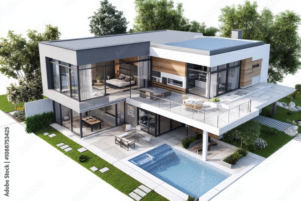 Fototapeta premium Modern Architectural Home Design with Spacious Outdoor Area and Pool Featuring Large Windows and Sleek Lines in a Green Environment