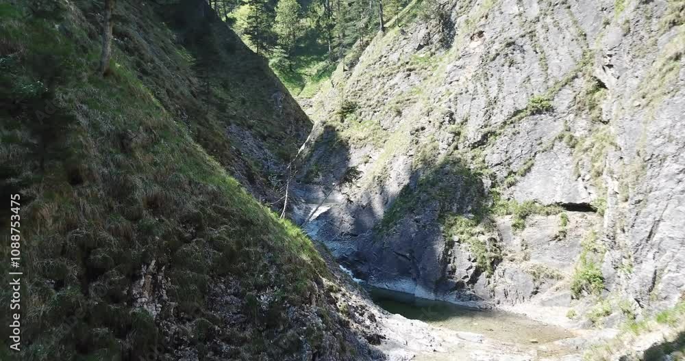 Aerial view, Drone flight over a river between mountains in a forest in Bayern, Germany Aerial view, Drone flight over a river between mountains in a forest in Bayern, Germany