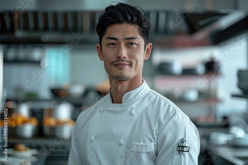 A handsome black hair white uniform chef in kitchen.