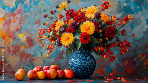 Wallpaper Mural Still Life Painting with a Bouquet of Flowers in a Blue Vase and Apples on a Table Torontodigital.ca