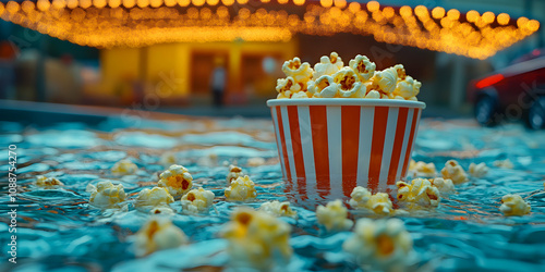 A Red and White Striped Popcorn Bucket Floating in a Pool of Water with a Blurred Background of String Lights