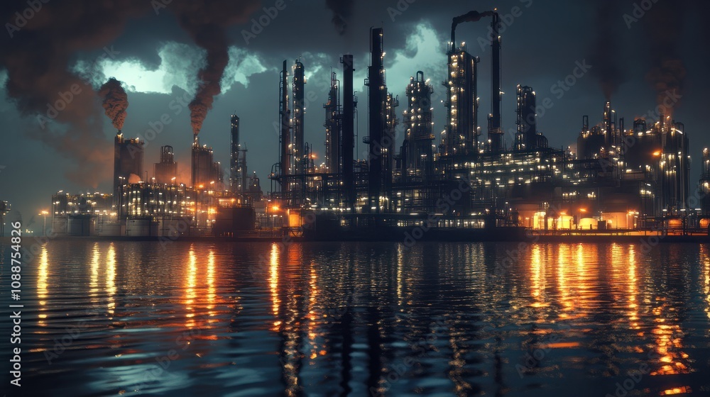 Fototapeta premium Industriegebiet mit auf dem Wasser reflektierten Nachtlichtern, das eine groÃe Ãlraffinerie und moderne FabrikgebÃ¤ude zeigt, Konzept Industrie