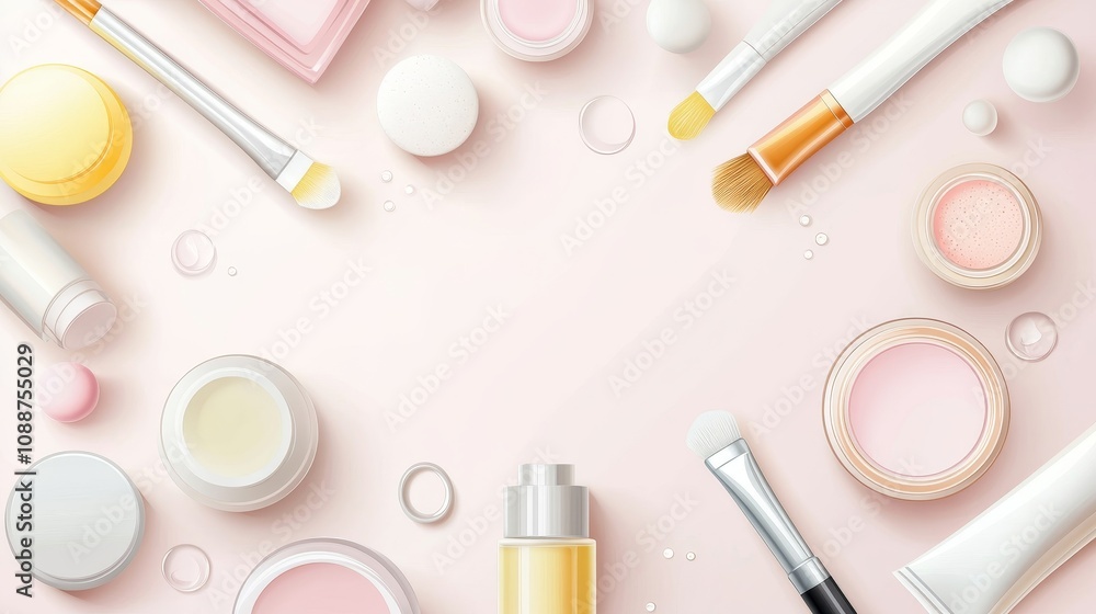 A flat lay of various beauty and skincare product arranged on a soft pink background. A flat lay of various beauty and skincare product arranged on a soft pink background.