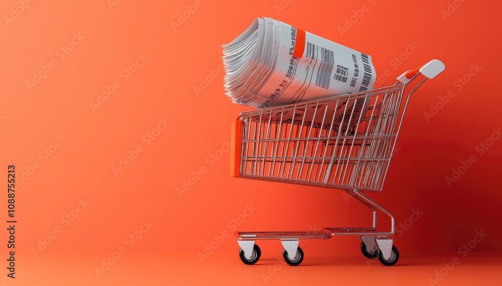 Fototapeta premium A shopping cart overflowing with receipts on a bright orange background.