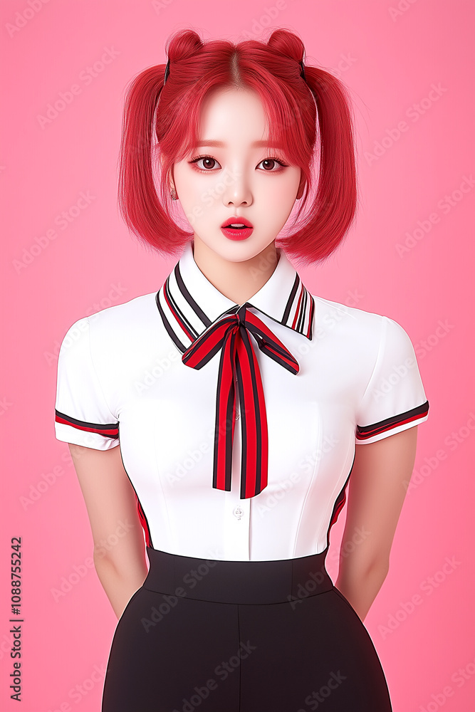 A woman with red hair and red eyes is wearing a white shirt and black pants