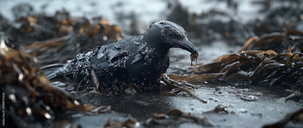 Fototapeta premium An oil spill on a beach exposing the catastrophic effects of environmental change