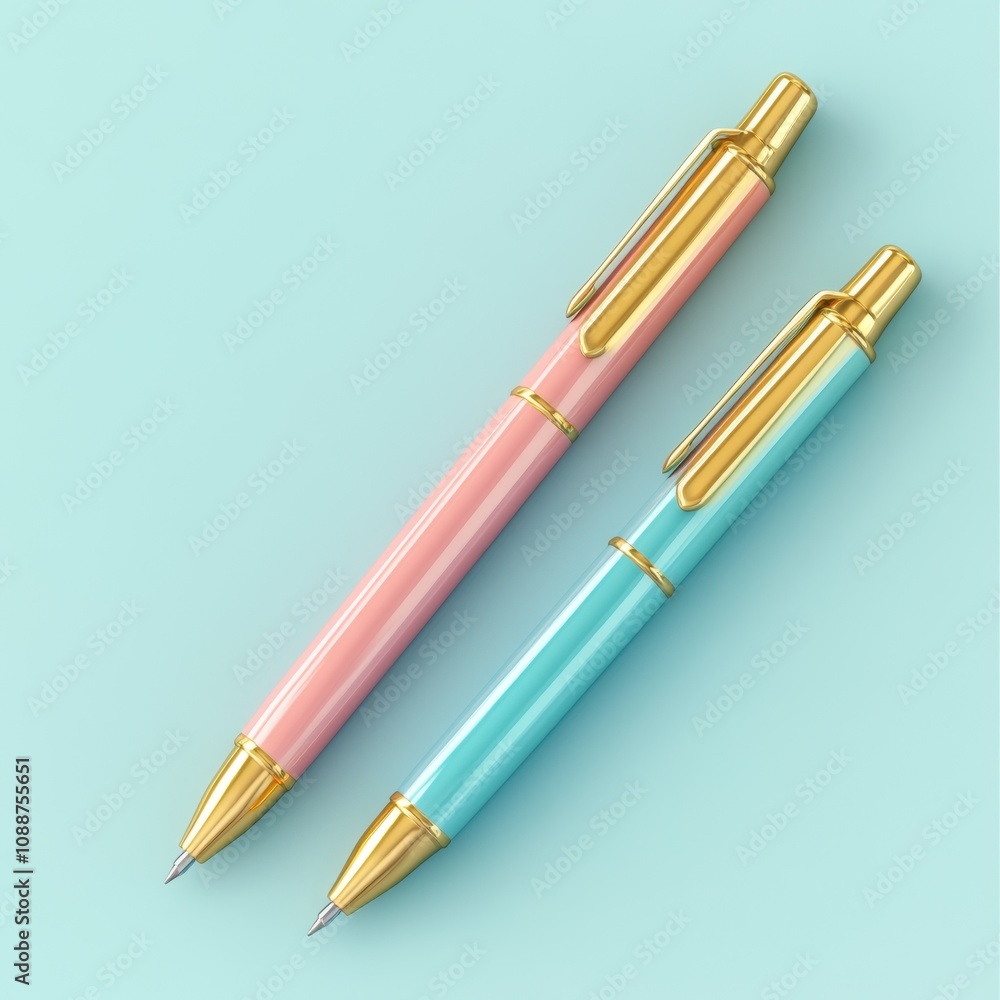 Elegant and Stylish Pastel Colored Pens on Mint Green Background Elegant and Stylish Pastel Colored Pens on Mint Green Background