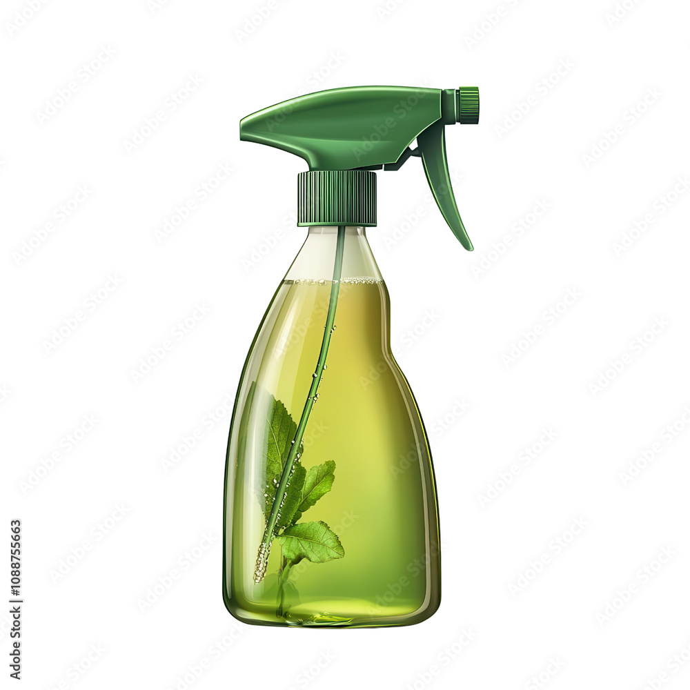 Eco-friendly cleaning spray bottle with a green nozzle and infused with natural mint leaves, perfect for sustainable cleaning. Eco-friendly cleaning spray bottle with a green nozzle and infused with natural mint leaves, perfect for sustainable cleaning.