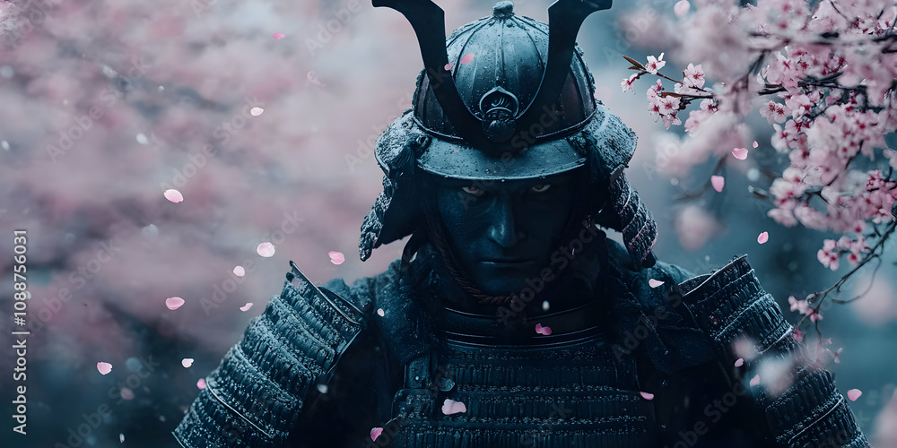 Fototapeta premium A Samurai Warrior Stands in a Shower of Cherry Blossoms, His Armor Reflects the Falling Petals, a Dramatic and Mystical Scene