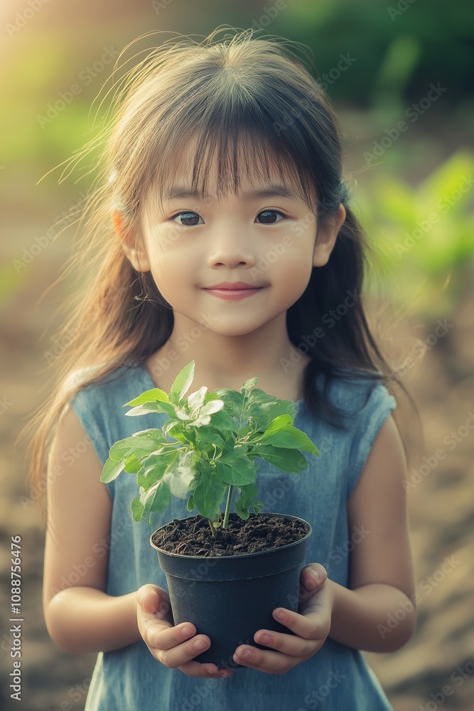 A young girl is holding a plant in a black pot. She is smiling and looking at the camera A young girl is holding a plant in a black pot. She is smiling and looking at the camera