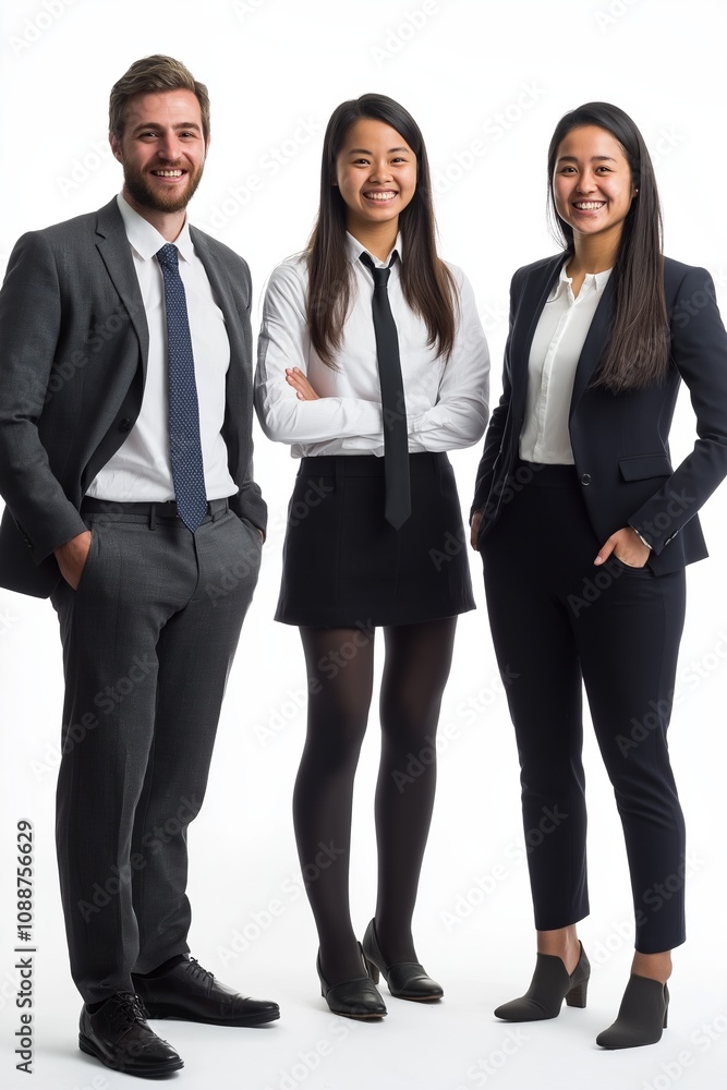 Three women and a man are posing for a photo in business attire. The man is wearing a suit and tie, while the women are wearing skirts and ties. Scene is professional and confident Three women and a man are posing for a photo in business attire. The man is wearing a suit and tie, while the women are wearing skirts and ties. Scene is professional and confident