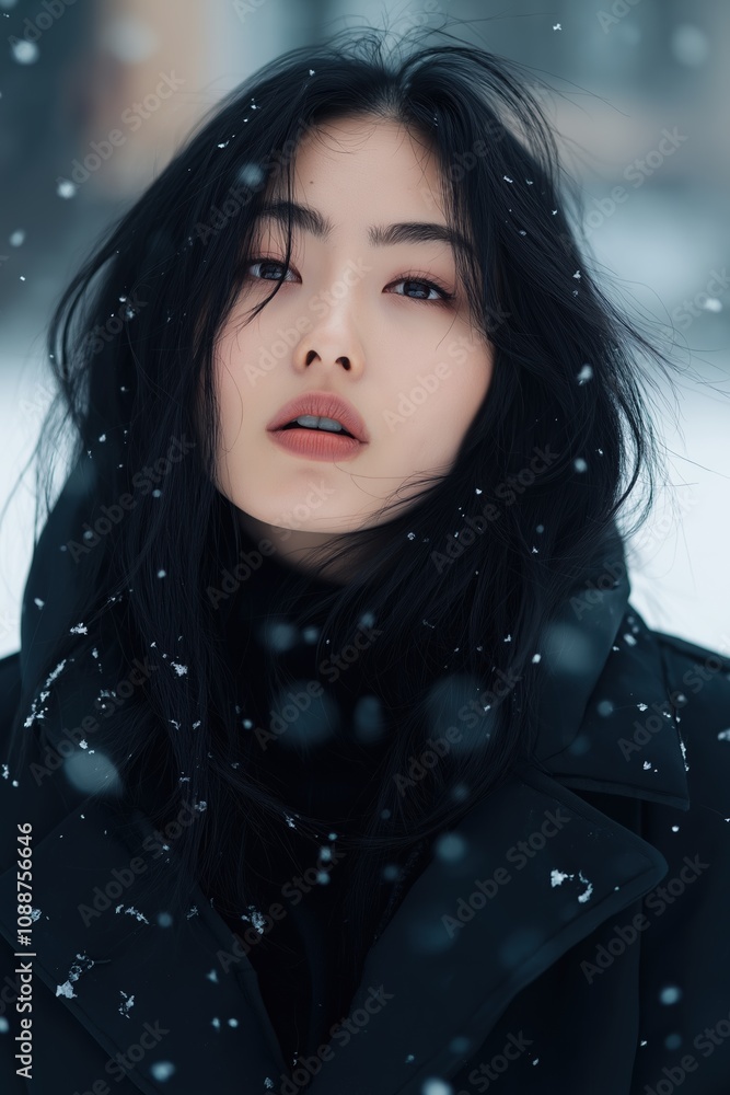 A woman with long black hair is standing in the snow. She is wearing a black coat and scarf A woman with long black hair is standing in the snow. She is wearing a black coat and scarf
