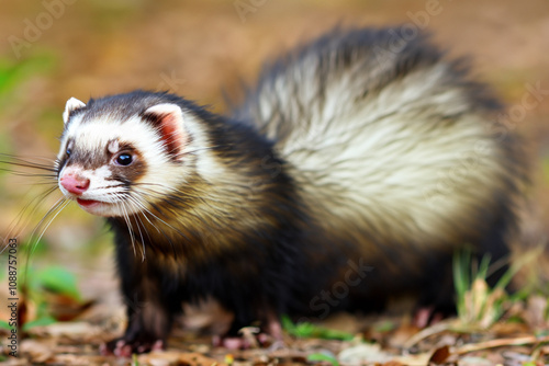 Ferret is an animal that roams the forest in autumn. nature cute furry concept. a ferret in brown and white fur stands on the edge of a forest in autumn. a ferret with fluffy brown the fur stands on.