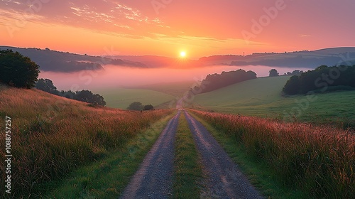 Sunrise Path Leads Through Misty Valley Landscape, Golden Hour Serenity, Peaceful Dawn