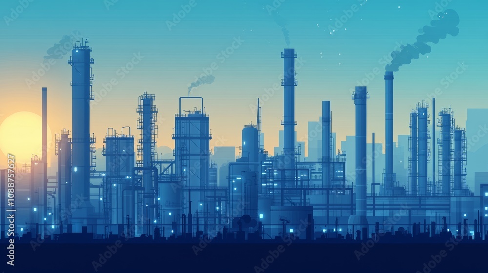 Industrial skyline at sunset, showcasing factories and smokestacks against a gradient sky. Industrial skyline at sunset, showcasing factories and smokestacks against a gradient sky.