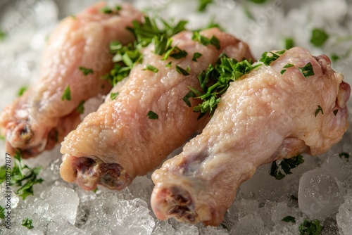 Raw Chicken Drumsticks on Ice with Fresh Parsley Garnish Ready for Cooking or Grilling in a Culinary Setting for Food Preparation and Recipe Creation photo