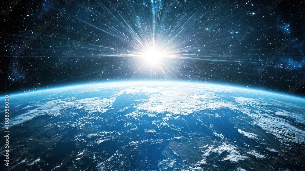 A serene scene of cosmic rays shining down on a distant planet, evoking a sense of wonder A serene scene of cosmic rays shining down on a distant planet, evoking a sense of wonder