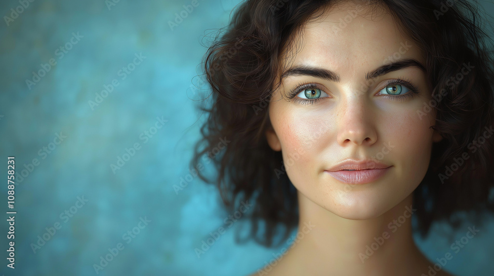 Portrait of woman with curly hair against blue background Portrait of woman with curly hair against blue background