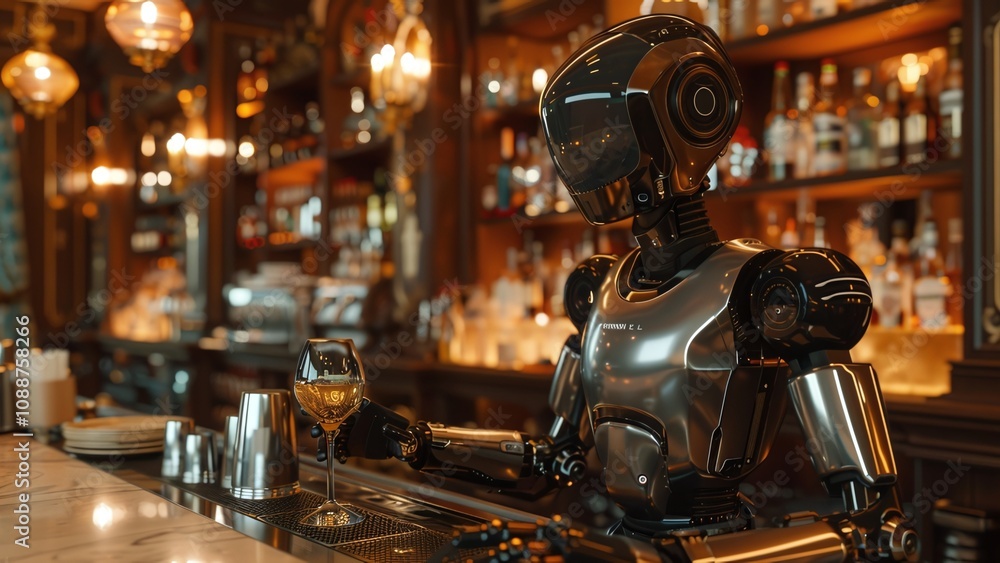 Portrait of an AI Robot Bartender in a Classic Bar Setting with Vintage Decor and Warm Lighting – Futuristic Technology in Hospitality Portrait of an AI Robot Bartender in a Classic Bar Setting with Vintage Decor and Warm Lighting – Futuristic Technology in Hospitality