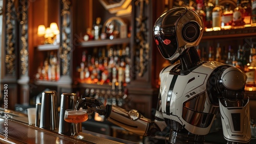 Portrait of an AI Robot Bartender in a Classic Bar Setting with Vintage Decor and Warm Lighting – Futuristic Technology in Hospitality