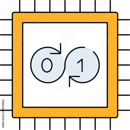 Data Processing Icon . Depiction of a Processor Chip with Flowing Data Arrows.  Black and yellow color.Vector illustration.