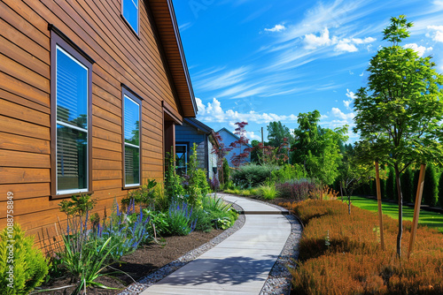 Pathway leading to a warm walnut house with siding, drawing the eye through suburban landscaping to the homea??s entrance, under a blue sky. photo