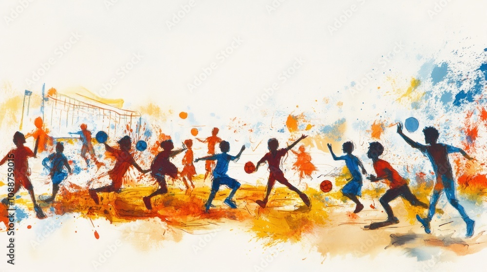 A vibrant watercolor illustration of children playing various sports outdoors. A vibrant watercolor illustration of children playing various sports outdoors.