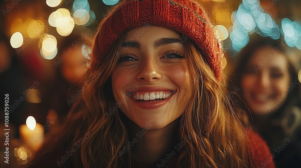 Joyful young woman smiling at a festive gathering with warm lights Joyful young woman smiling at a festive gathering with warm lights