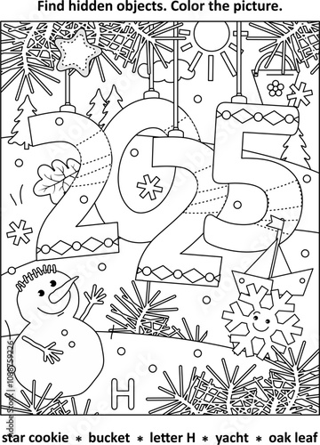 Year 2025 hidden objects, or seek and find, picture puzzle and coloring page activity sheet
