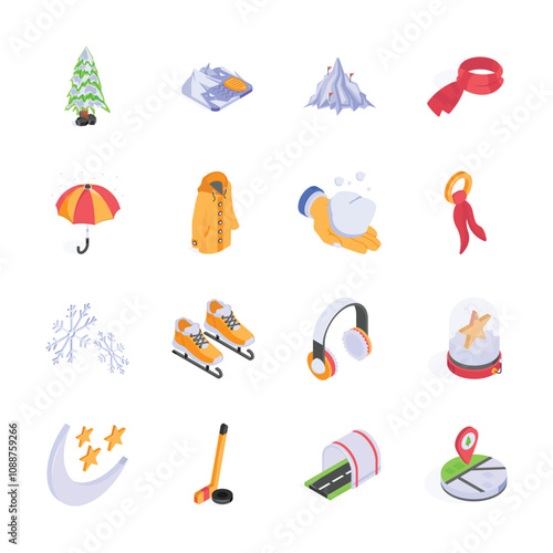 A collection of charming isometric icons depicting various winter-related items and activities