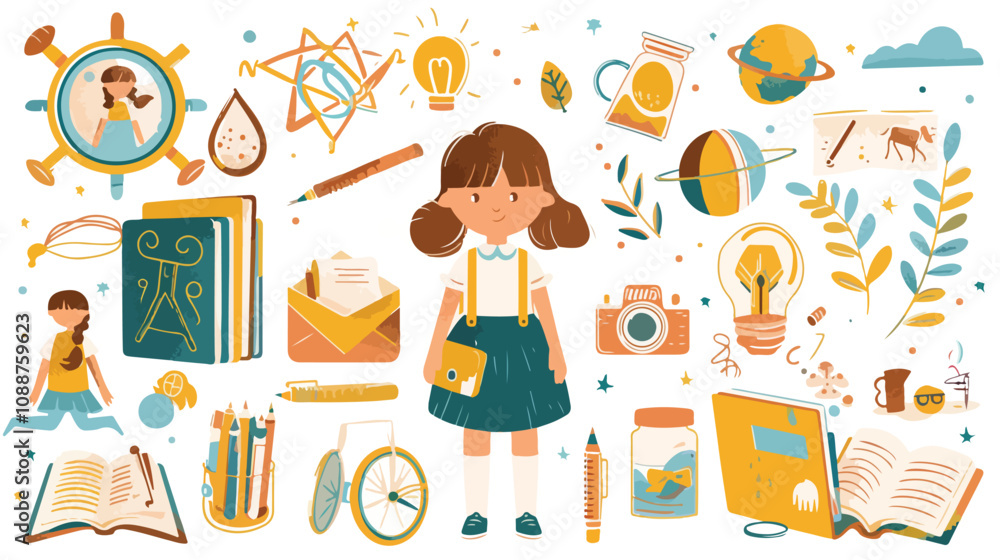 Collage of Little School Girl with Education Objects Collage of Little School Girl with Education Objects