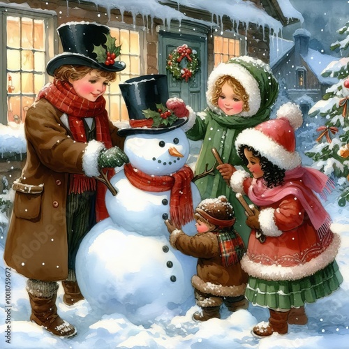 Children building a Snowman in the Snow - Christmas Village - Watercolor Winter and Christmas Setting - Greeting Card - Traditional Charles Dickens Style Nostalgic Victorian Painted Illustration