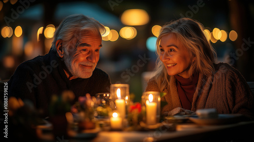 Evening dinner with soft candlelight creates a warm atmosphere for a couple in a cozy outdoor setting. Generative AI