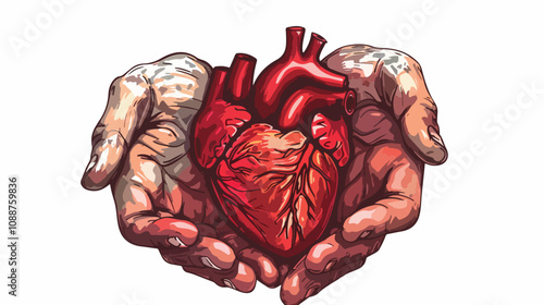 Close-up of Human Hands Holding Human Heart - Handdrawn