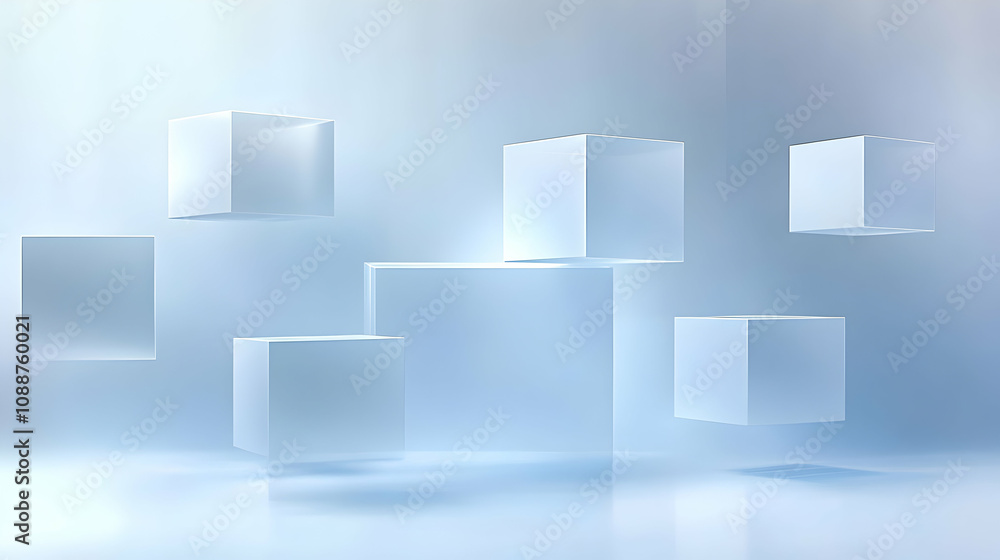 Abstract 3D Render of Floating Cubes in a Light Blue Room, Minimalist Geometric Design Background Abstract 3D Render of Floating Cubes in a Light Blue Room, Minimalist Geometric Design Background