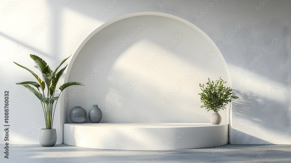 Sunlit Minimalist Interior: 3D Render of a White Circular Display Platform with Greenery Sunlit Minimalist Interior: 3D Render of a White Circular Display Platform with Greenery