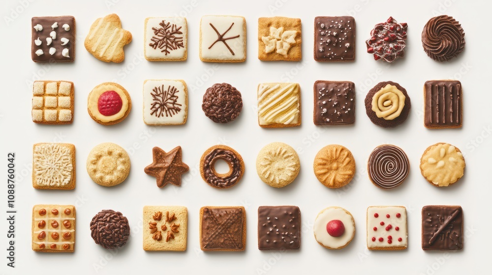 Pattern of various Christmas cookies flat laid against white background Pattern of various Christmas cookies flat laid against white background
