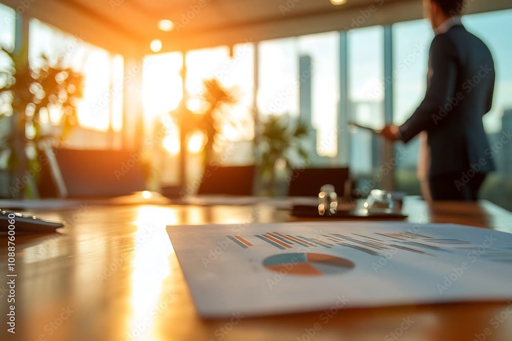 Strategic Business Meeting: Analyzing Charts and Graphs for Growth and Success. A modern office setting bathed in the golden light of sunset. Strategic Business Meeting: Analyzing Charts and Graphs for Growth and Success. A modern office setting bathed in the golden light of sunset.