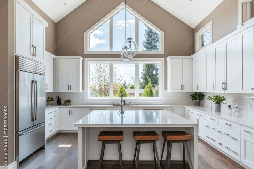 Modern kitchen with white cabinetry and large windows, featuring a central island and bar stools. Modern kitchen with white cabinetry and large windows, featuring a central island and bar stools.