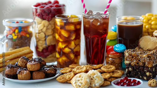 High-Calorie Snacks and Sugary Drinks Assortment Photographed on White Surface photo