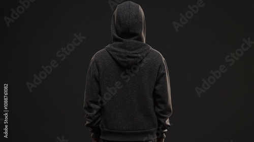 A person wearing a dark hoodie, viewed from the back against a plain black background.